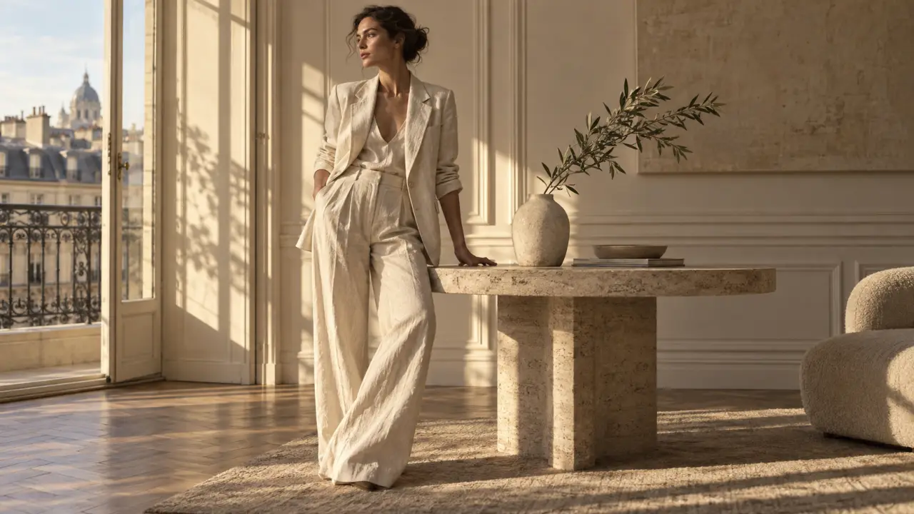 Silhouette élégante portant une tenue en lin naturel dans un intérieur lumineux