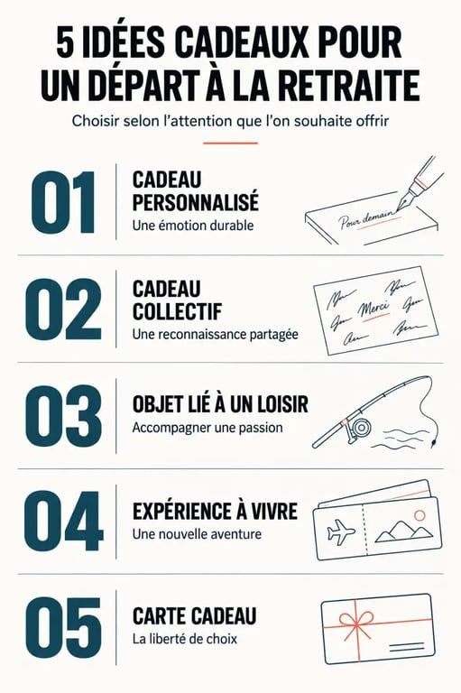 Infographie présentant des idées cadeaux retraités selon le profil et le type de cadeau