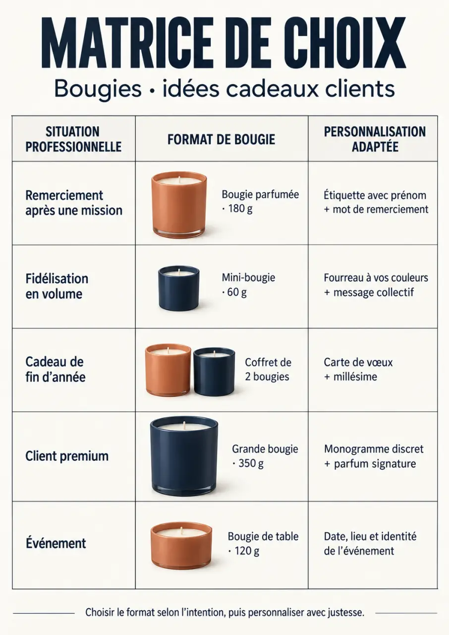 Infographie de choix pour une bougie idées cadeaux clients selon l’occasion et le format
