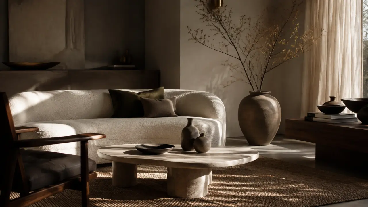 Intérieur de décoration chic organique en 2026, matières naturelles et lumière chaleureuse