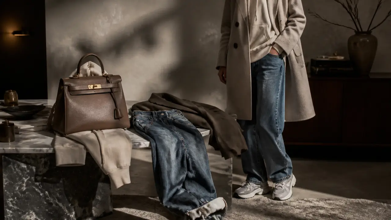 Sac de luxe porté avec une tenue casual dans une ambiance éditoriale élégante