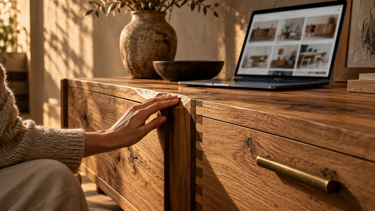 Meuble artisanal en bois noble présenté dans un intérieur élégant