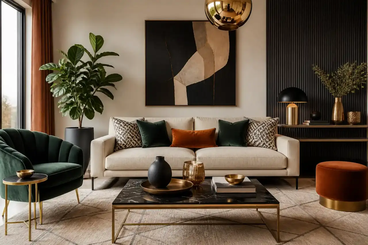 Intérieur haut de gamme aux matières nobles et à l’éclairage chaleureux