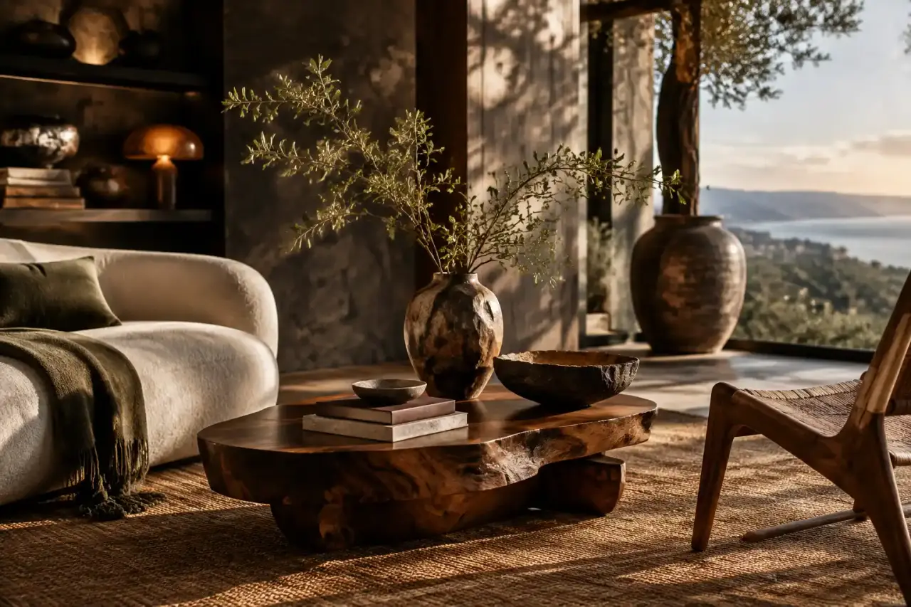 Intérieur élégant aux matières naturelles, entre bois, pierre et textiles artisanaux