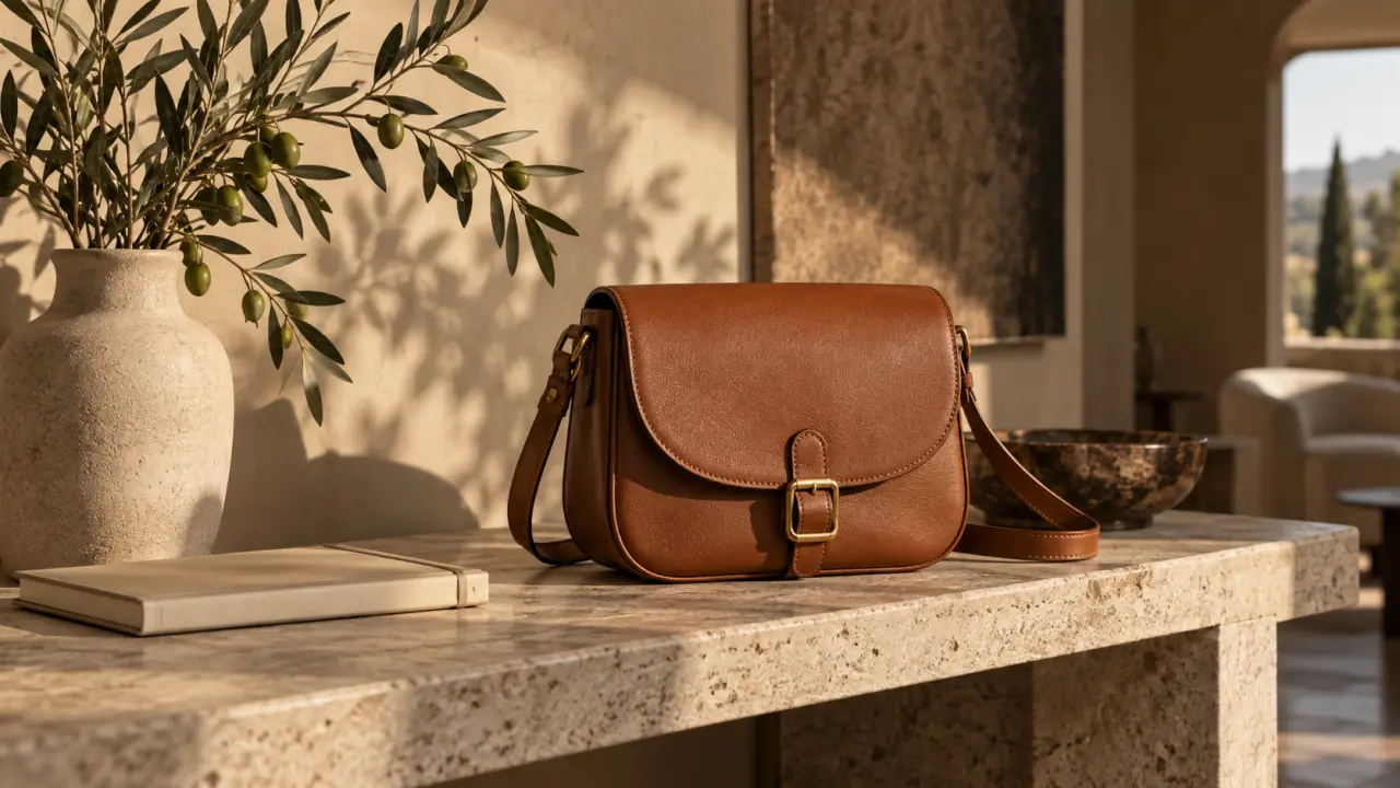 Sac en cuir élégant présenté dans une mise en scène éditoriale luxueuse