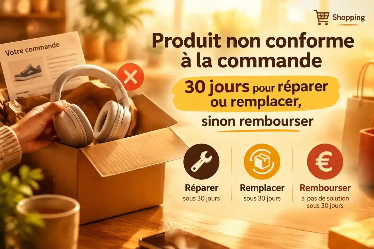 Produit non conforme à la commande : 30 jours pour réparer ou remplacer, sinon rembourser