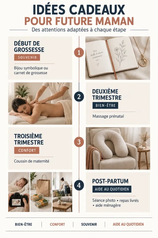 Infographie des idées cadeaux pour future maman selon le trimestre de grossesse