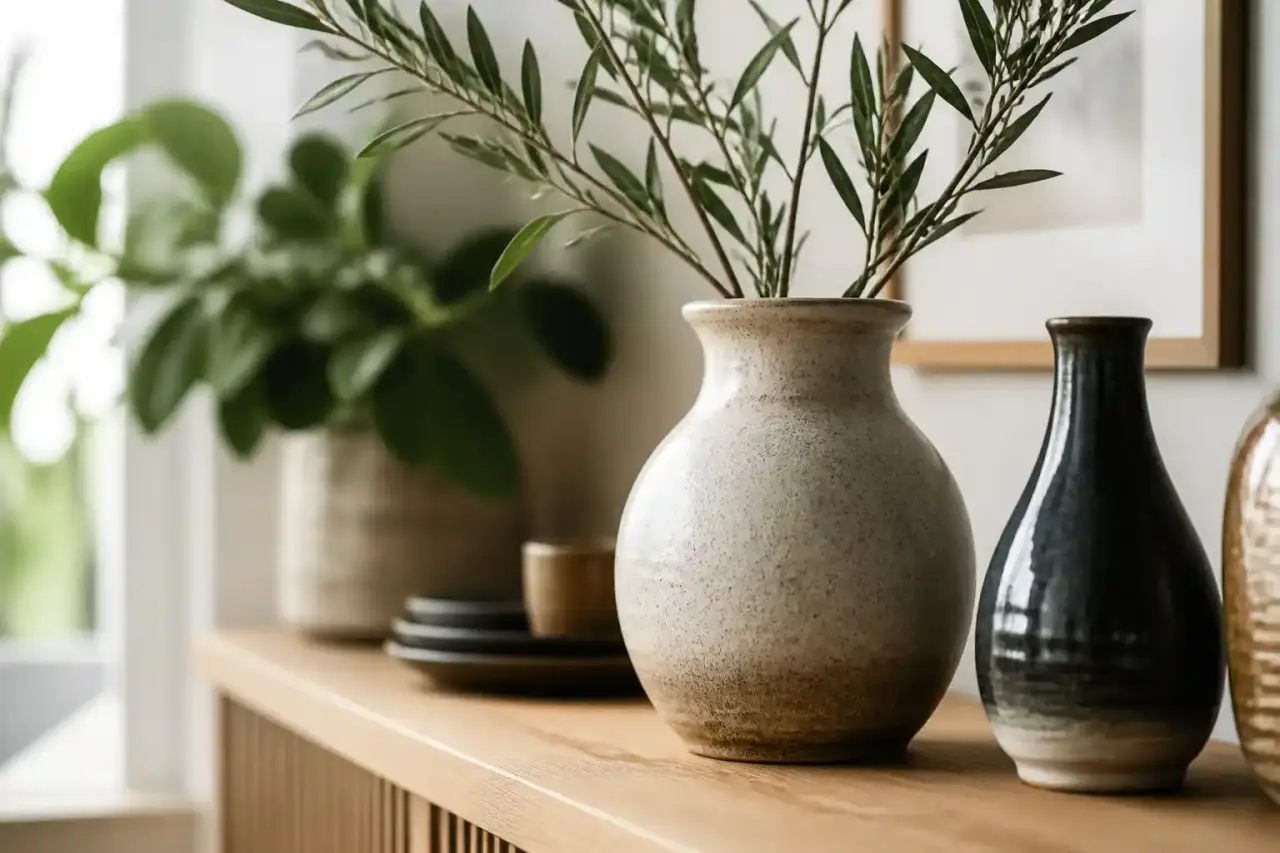 Vase artisanal en céramique posé dans un intérieur élégant aux tons chauds