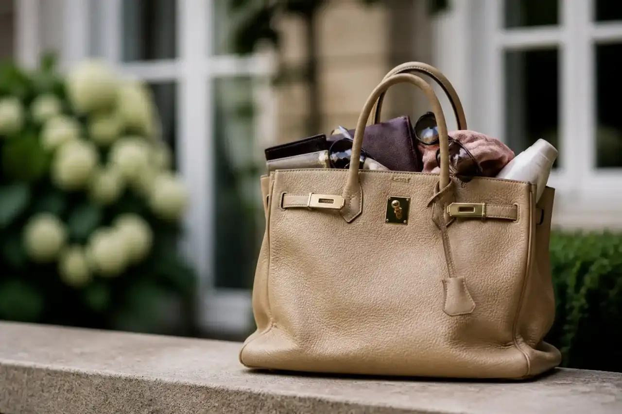 Sac de luxe mis en valeur dans une ambiance éditoriale élégante