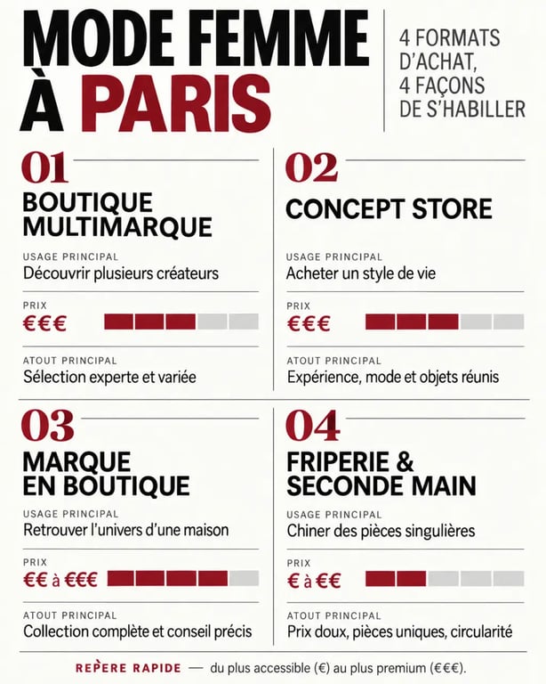 Infographie comparative sur la mode femme Paris : boutiques multimarques, concept stores, marques et seconde main