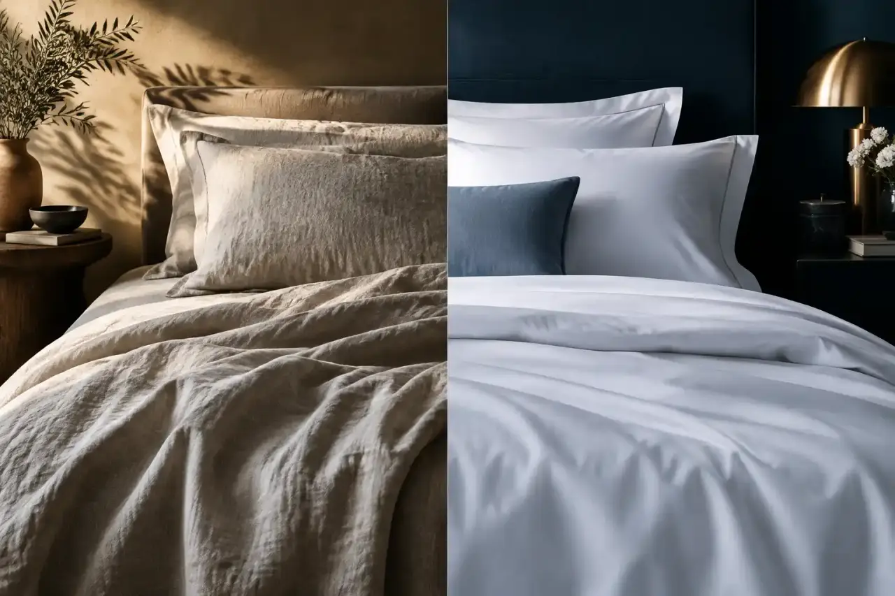 Linge de lit plissé élégant en lin lavé et percale de coton