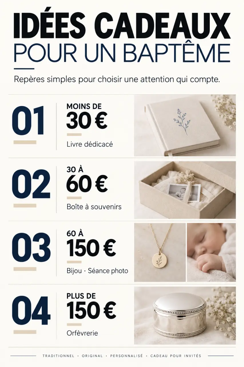 Idées cadeaux pour baptême classées par budget et type de cadeau