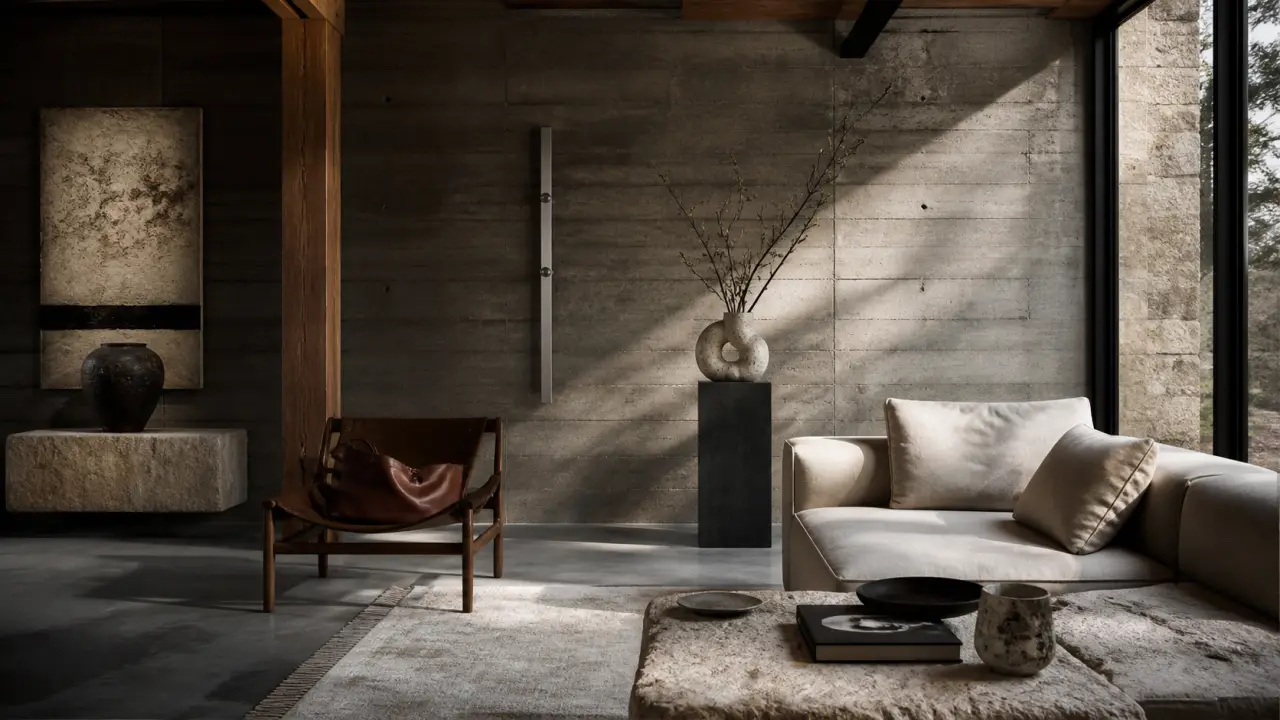 Intérieur haut de gamme aux matières brutes et à la lumière chaude
