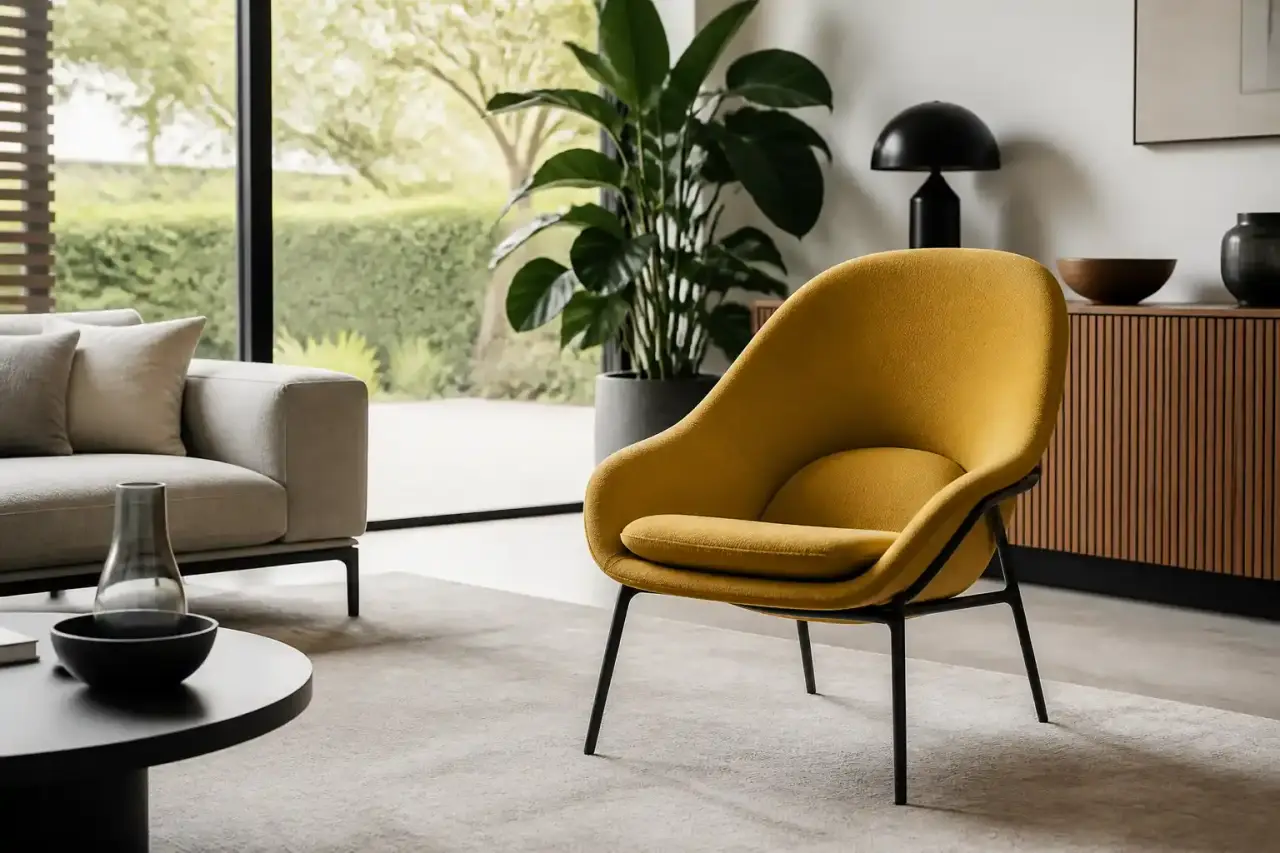 Salon raffiné mis en scène autour d'un fauteuil design et de matières nobles