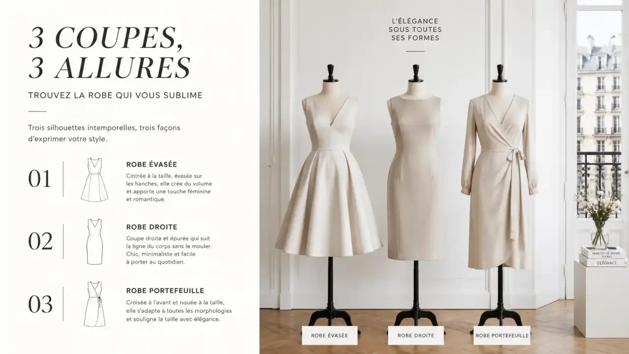 Différents styles de robes femme disponibles en boutique à Paris : évasée, droite et portefeuille.