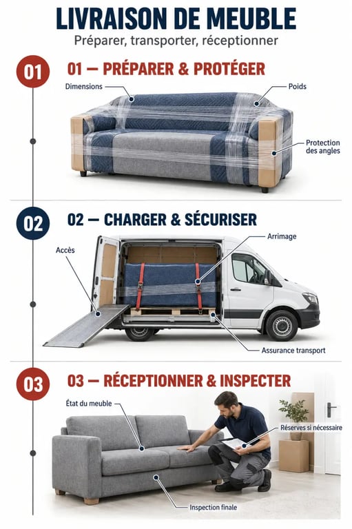 Infographie sur les étapes d’une livraison meuble, de la protection à la réception