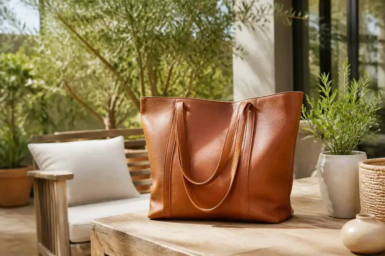 Sac cabas en cuir au style premium dans une ambiance éditoriale luxueuse