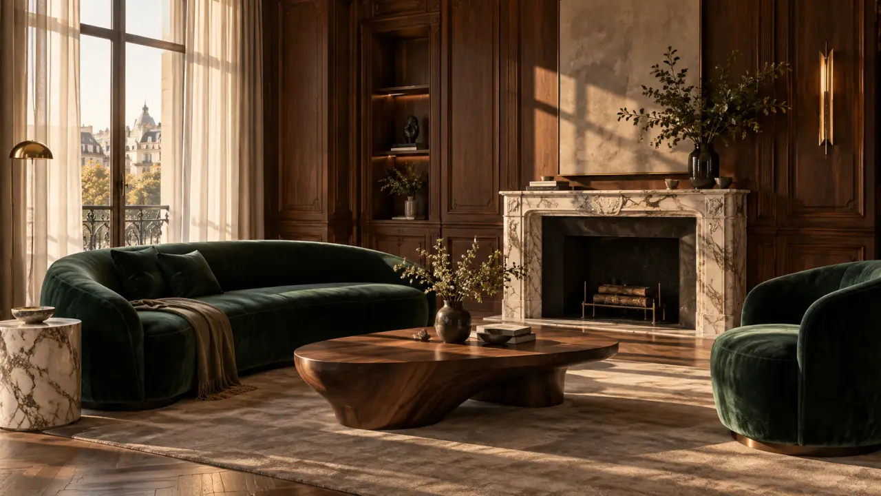 Salon élégant associant bois, lin et cuir dans une ambiance chaleureuse