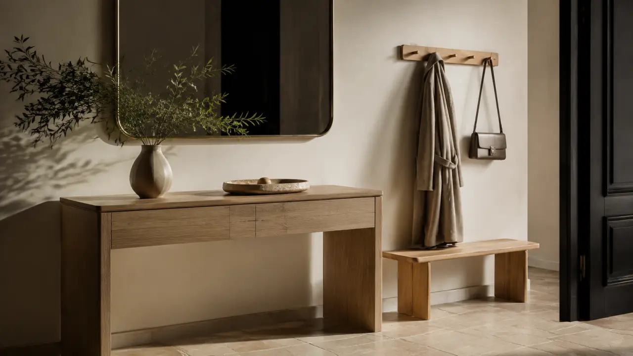 Entrée chic en chêne clair, mise en scène élégante et lumineuse