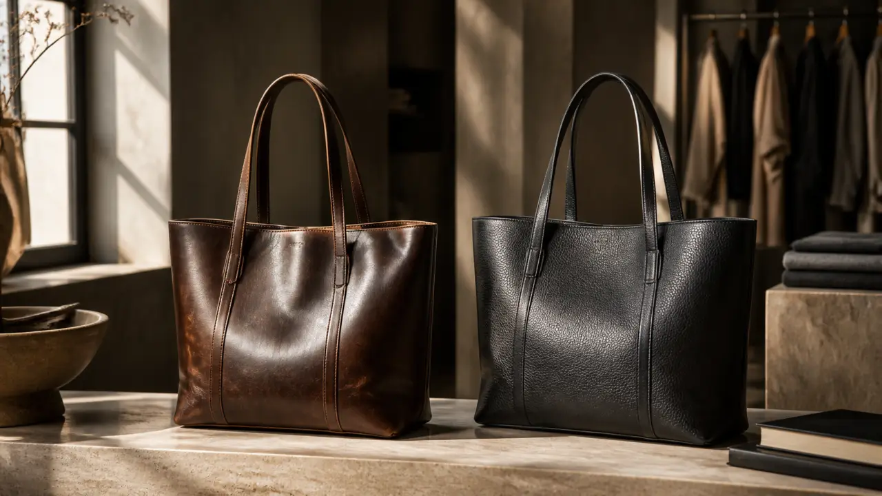 Sac cabas en cuir dans une mise en scène éditoriale luxueuse