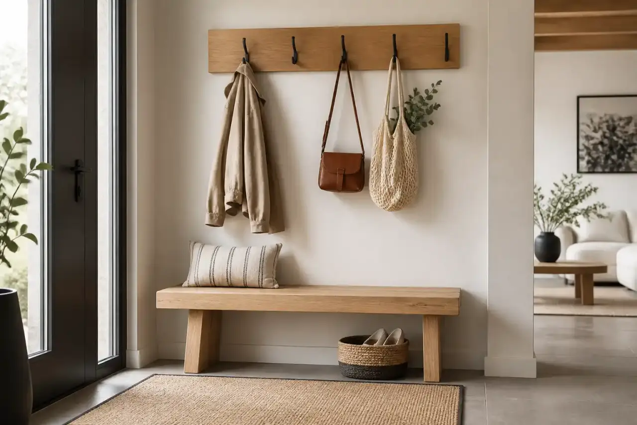 Entrée chic avec banc en chêne et patères design, ambiance luxueuse et lumineuse