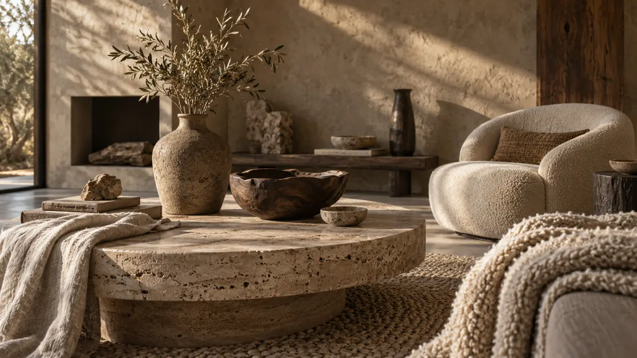 Intérieur élégant mêlant bois brut, pierre naturelle et textiles tactiles