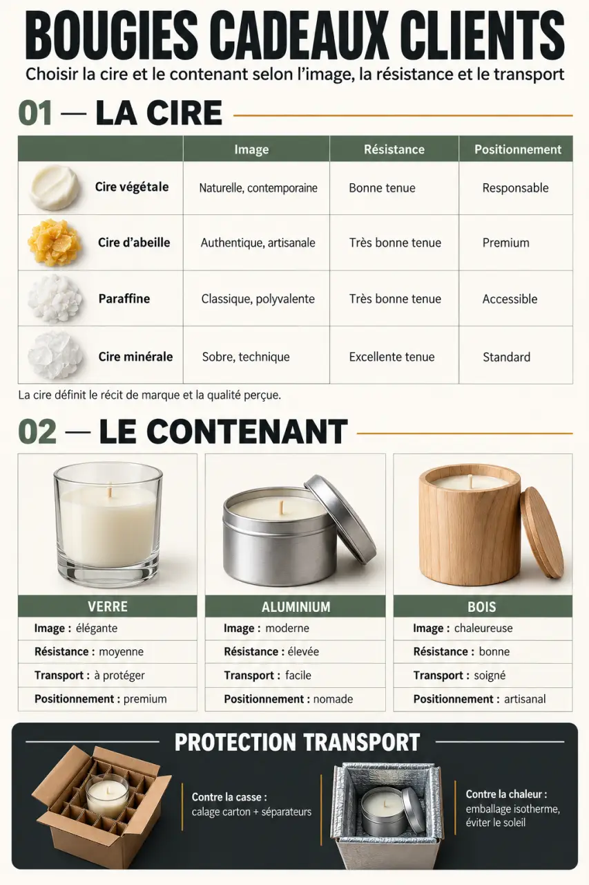 Comparaison des cires et contenants pour une bougie idées cadeaux clients