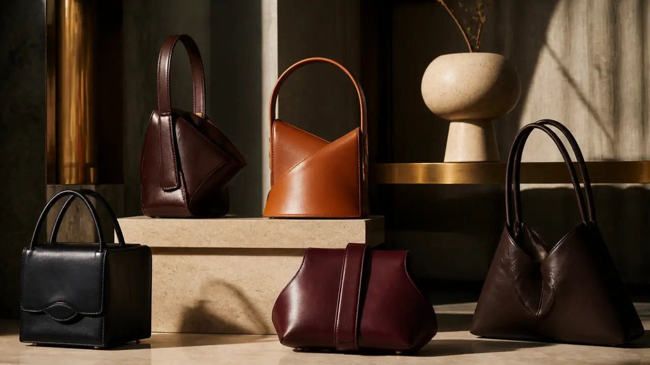 Sac sculptural en cuir patiné dans une vitrine élégante, ambiance luxueuse et dramatiquement éclairée