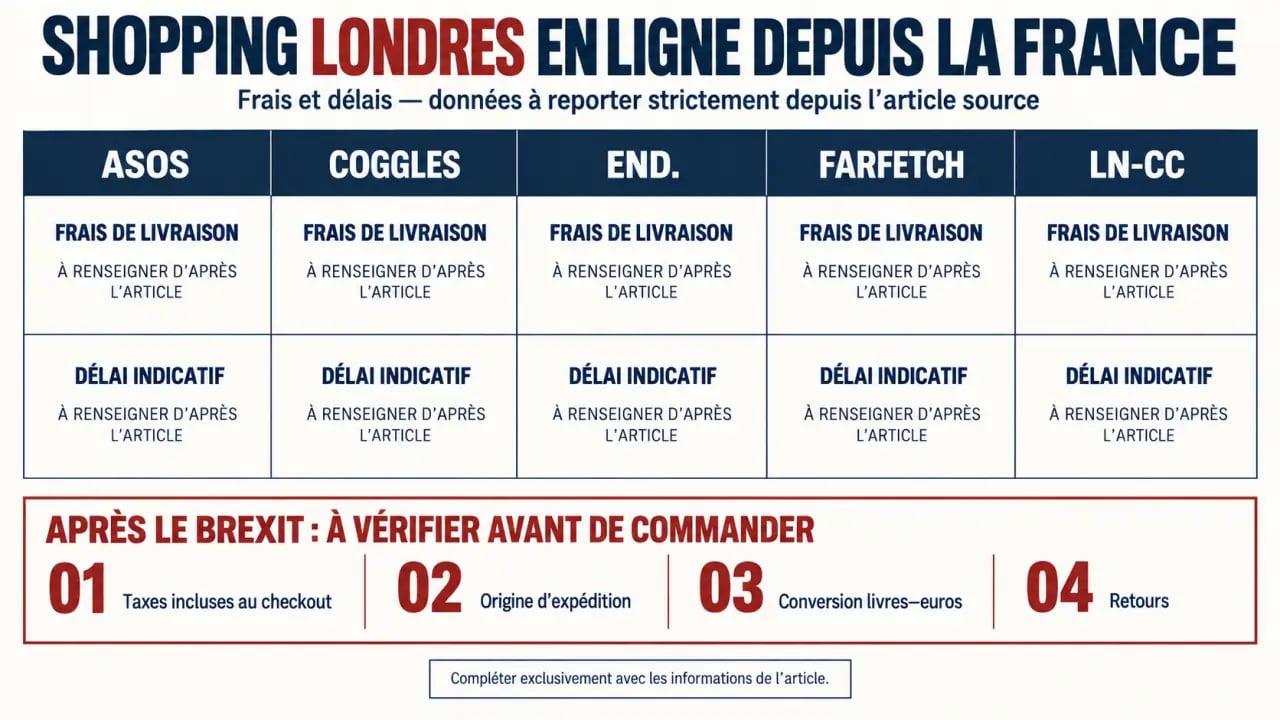 Infographie sur le shopping londres en ligne : frais de livraison, délais et taxes des boutiques britanniques