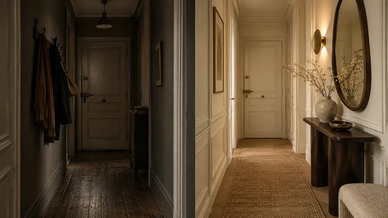 Entrée élégante transformée par une décoration lumineuse et des matières naturelles
